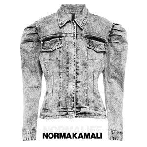 Norma Kamali Pleated Sleeve Jean Jacket Black Acid Wash Denim Puff Shoulder 0